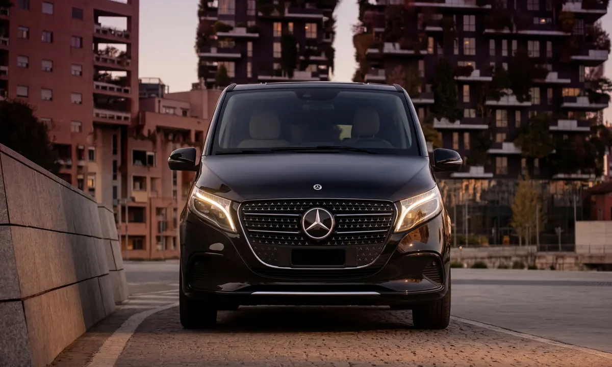 Mercedes Classe V Luxury nera davanti al Bosco Verticale a Milano
