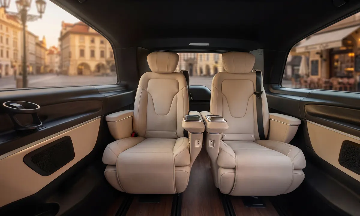 Interno del Van VIP: 2 poltrone business reclinabili in pelle chiara